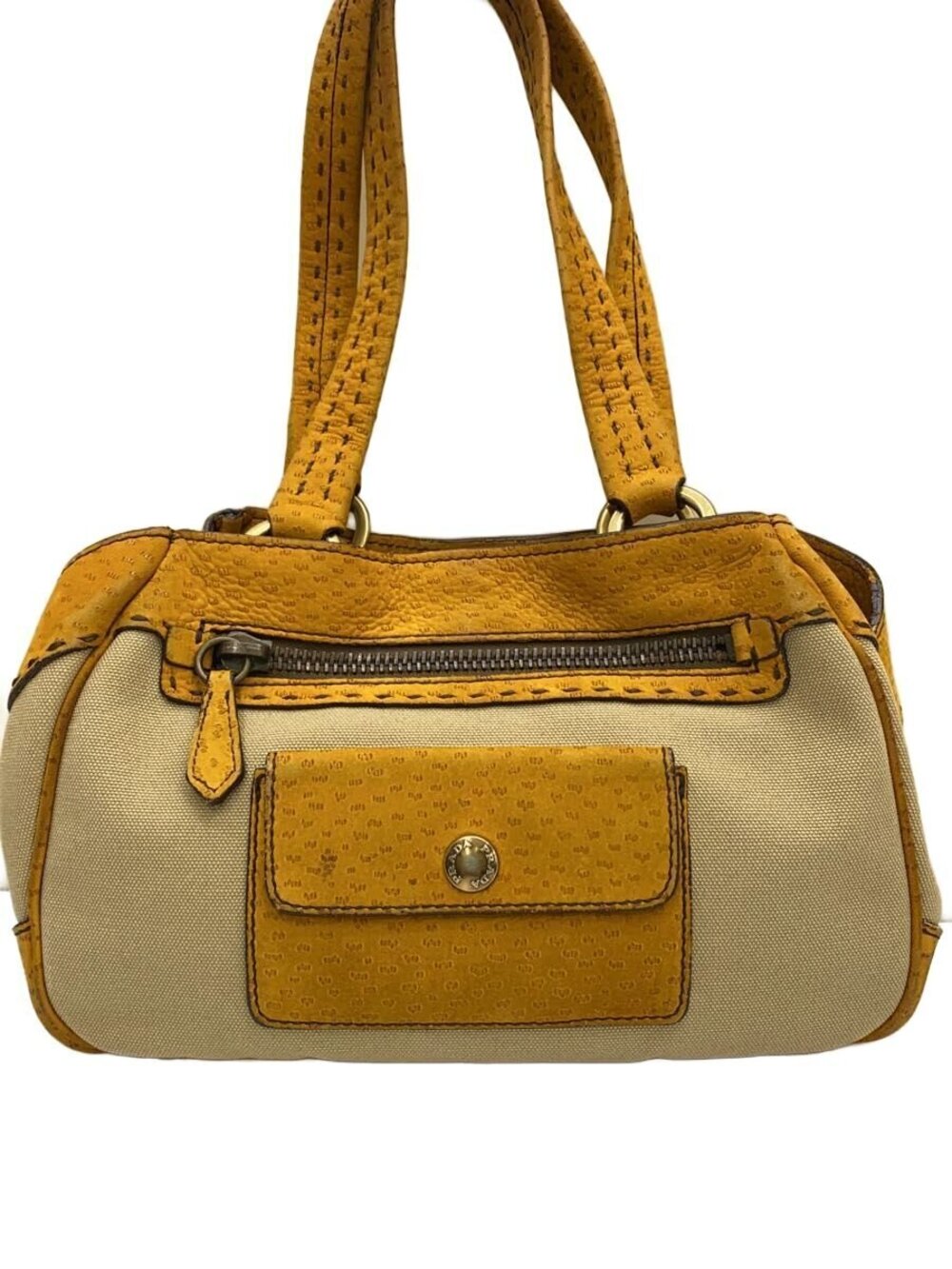 Prada canvas yellow leather tote bag whipstitch Camel Brown